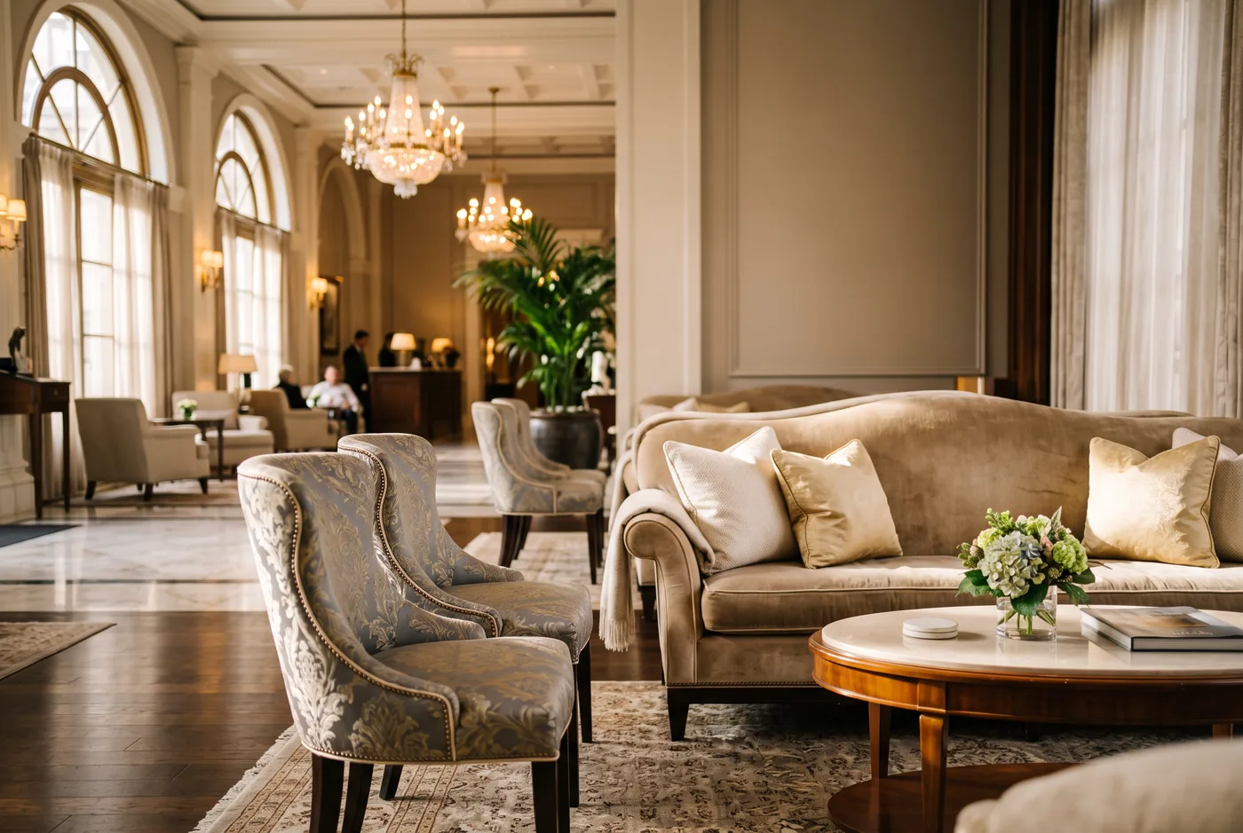 Lobby de hotel de luxo com sofás estofados elegantes e cadeiras de banquete para eventos em tecido premium