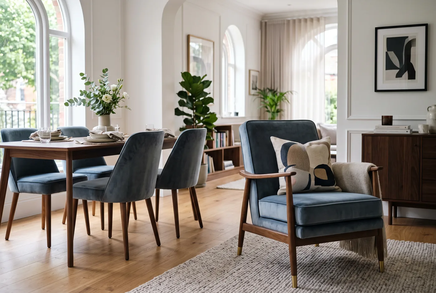 Poltrona e cadeiras de jantar reformadas em veludo azul acinzentado em ambiente residencial elegante