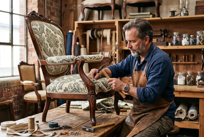 Poltrona clássica antiga sendo restaurada por artesão, com estrutura de madeira e revestimento novo elegante